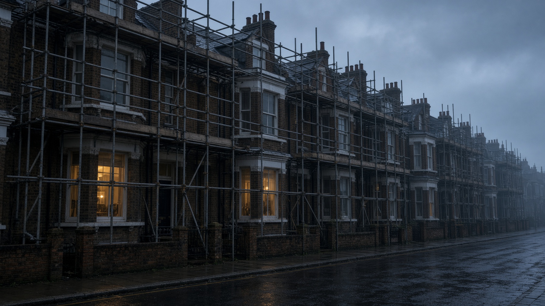 London terrace wrapped in tube-and-fitting scaffold at dawn