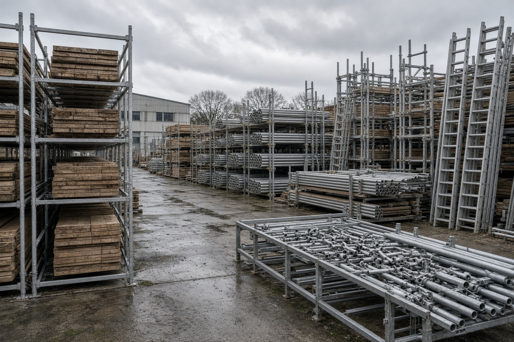 Scaffold hire yard with boards and fittings